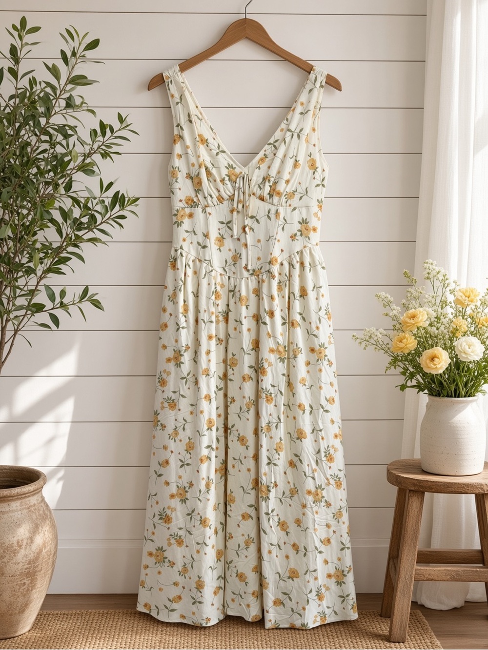 Floral V Neck Sleeveless Corset Midi Dress